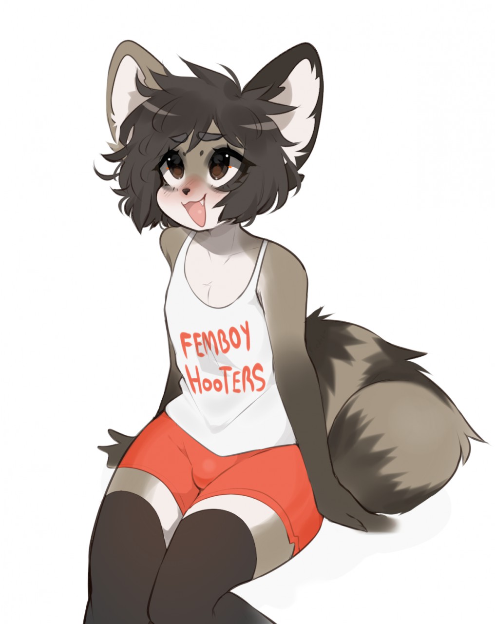 1boy, :3, :d, animal_ears, animal_nose, beige_fur, black_legwear, blush, brown_eyes, brown_fur, brown_hair, bulge, collarbone, english_commentary, eyebrows_visible_through_hair, fang, femboy_hooters, fredek666, furry, highres, hooters, knees_together_feet_apart, open_mouth, otoko_no_ko, red_shorts, short_hair, shorts, simple_background, sitting, smile, solo, striped_tail, tail, tank_top, thigh-highs, two-tone_fur, white_background, white_tank_top