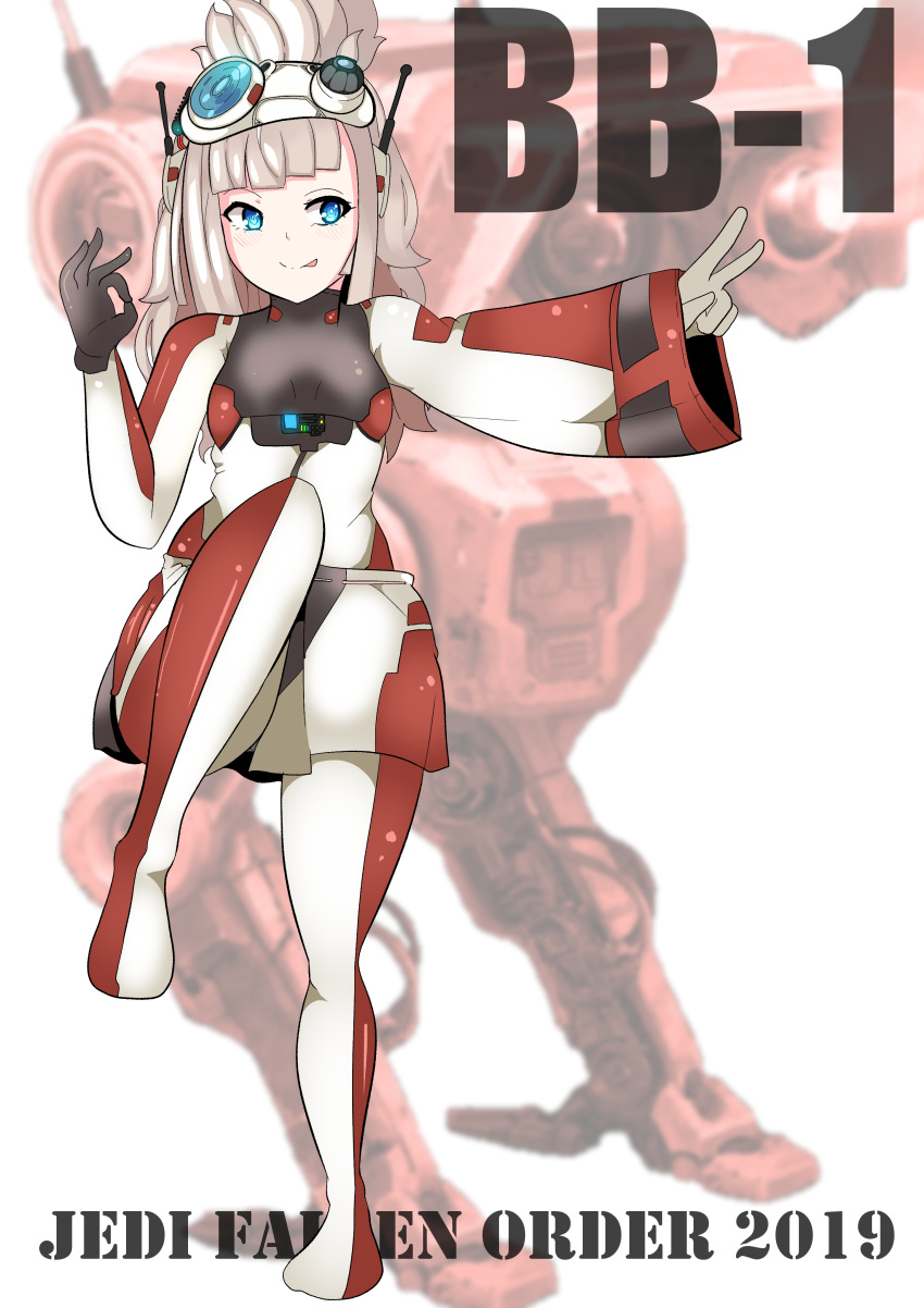 1girl, 2019, :q, absurdres, antennae, bd-1, blue_eyes, blurry, blurry_background, blush, bodysuit, brown_hair, commentary, dated, doomdual_funstudio, droid, dual_persona, english_text, engrish_text, error, gloves, goggles, goggles_on_head, headgear, highres, jedi:_fallen_order, light, looking_to_the_side, miniskirt, open_mouth, personification, ranguage, robot, science_fiction, skirt, smile, star_wars, tongue, tongue_out, uniform, v, visor