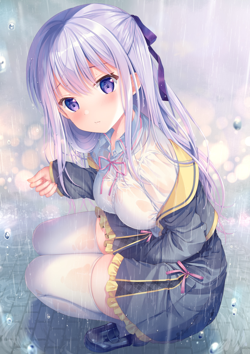 1girl, absurdres, bangs, black_footwear, blue_dress, blue_hair, bow, braid