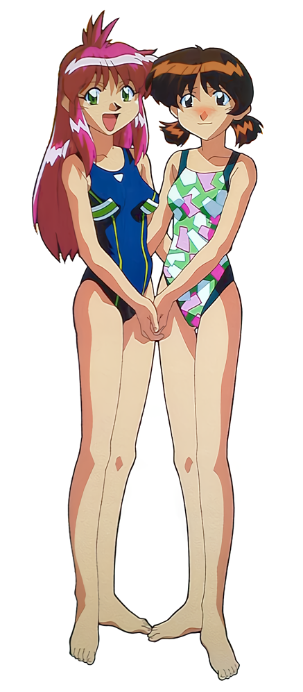 1990s_(style), all_purpose_cultural_cat_girl_nuku_nuku, barefoot, blush, brown_eyes, brown_hair, casual_one-piece_swimsuit, full_body