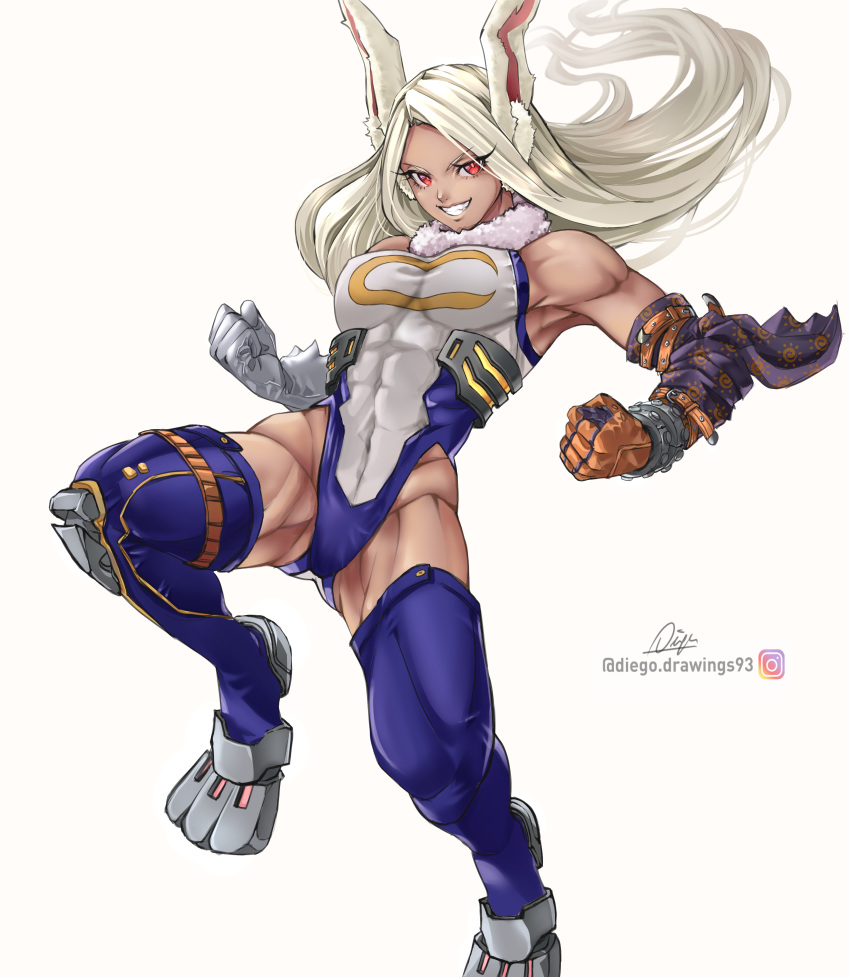 1girl, abs, absurdres, animal_ear_fluff, animal_ears, armpits, ass_visible_through_thighs, asymmetrical_gloves