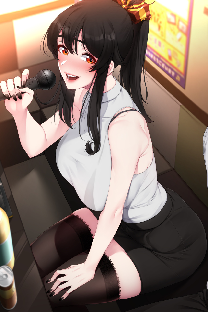 1girl, absurdres, akchu, alcohol, bangs, bare_arms, bare_shoulders, beer_can
