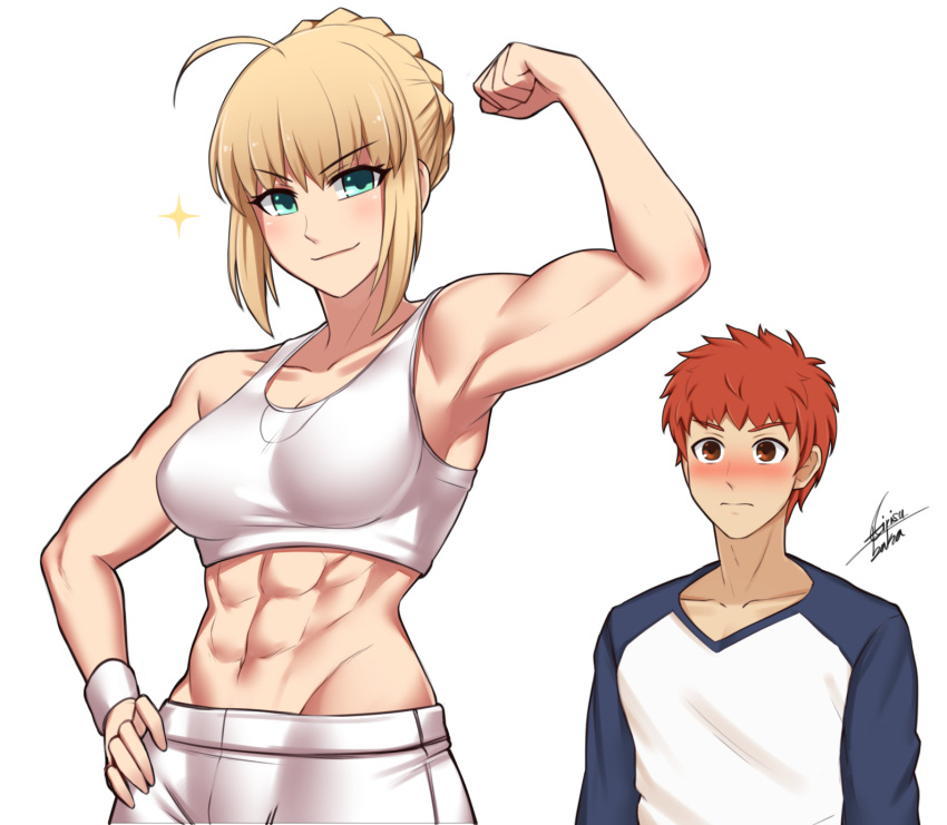 1boy, 1girl, abs, ahoge, airisubaka, artoria_pendragon_(all), blonde_hair, blush