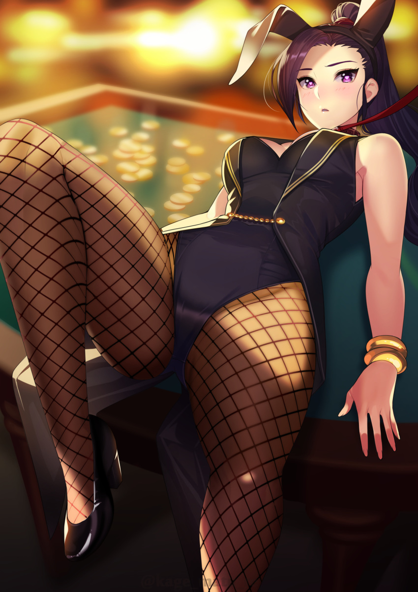 1girl, absurdres, black_hair, blurry, blush, bracelet, breasts, bunny_girl, bunnysuit, casino_card_table, coin, commentary_request, depth_of_field, dragon_quest, dragon_quest_xi, heart, heart-shaped_pupils, high_heels, highres, jewelry, kagematsuri, leash, long_hair, martina_(dq11), pantyhose, solo, symbol-shaped_pupils, violet_eyes