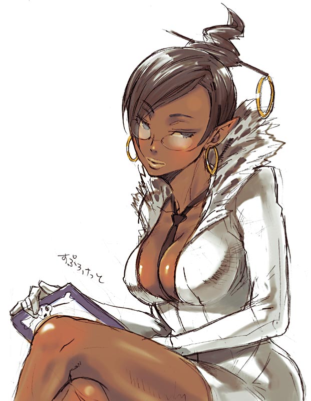 brown_hair, business_suit, capcom, cleavage, clipboard, dark_skin, earrings, ebony, glasses, gloves, jewelry, lipstick, necktie, pointy_ears, sketch, sprocket, viewtiful_joe