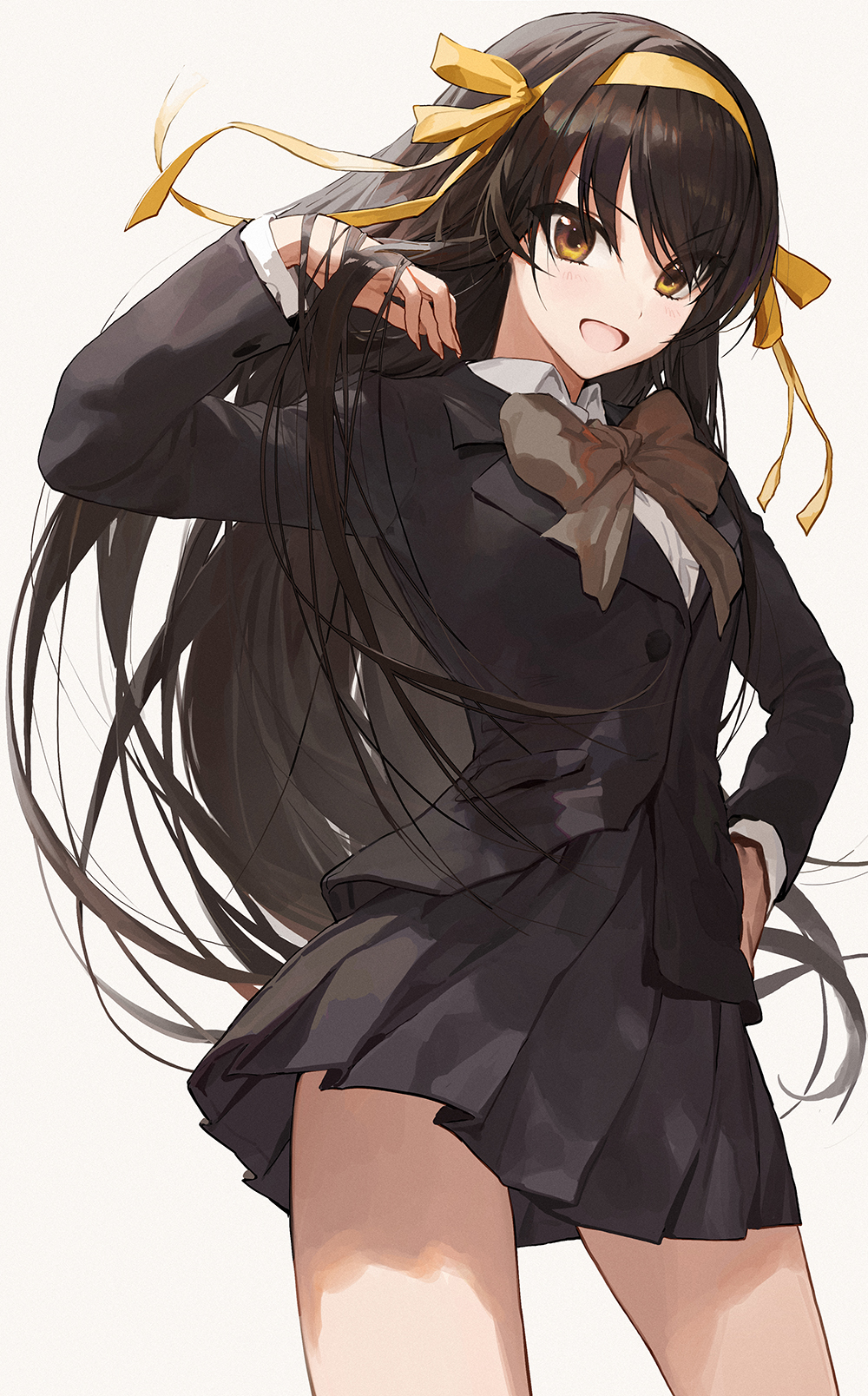 1girl, :d, black_skirt, bow, bowtie, brown_eyes, brown_hair, brown_neckwear