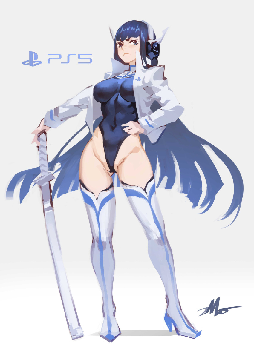1girl, absurdres, alternate_costume, bangs, black_hair, black_leotard, blue_legwear, boots, breasts, brown_eyes, commentary_request, covered_navel, frown, full_body, game_console, headphones, highres, holding, katana, kill_la_kill, kiryuuin_satsuki, large_breasts, leotard, long_hair, looking_at_viewer, personification, playstation_5, signature, simple_background, solo, sword, thigh-highs, thigh_boots, weapon, white_background, white_legwear, zhoumo_fangjia