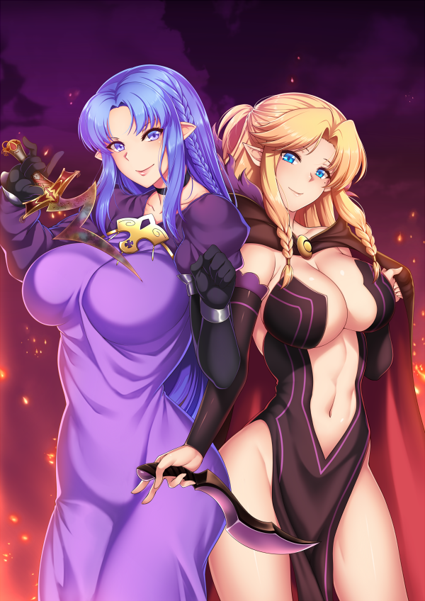 2girls, black_gloves, blonde_hair, blue_eyes, blue_hair, blush, braid, breasts