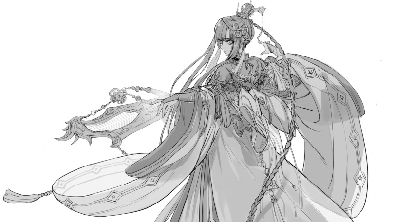 1girl, bangs, chinese_clothes, drenbof, embroidery, hair_ornament, highres, instrument