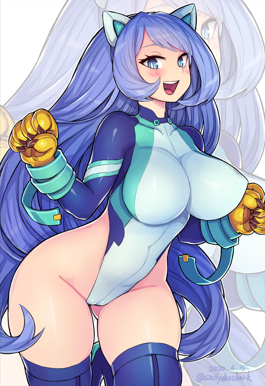 1girl, animal_ears, blonde_hair, blue_eyes, blush, bodysuit, boku_no_hero_academia, breasts, cat_ears, dated, gloves, hadou_nejire, highleg, highres, large_breasts, long_hair, open_mouth, shioboi, smile, solo, thigh-highs