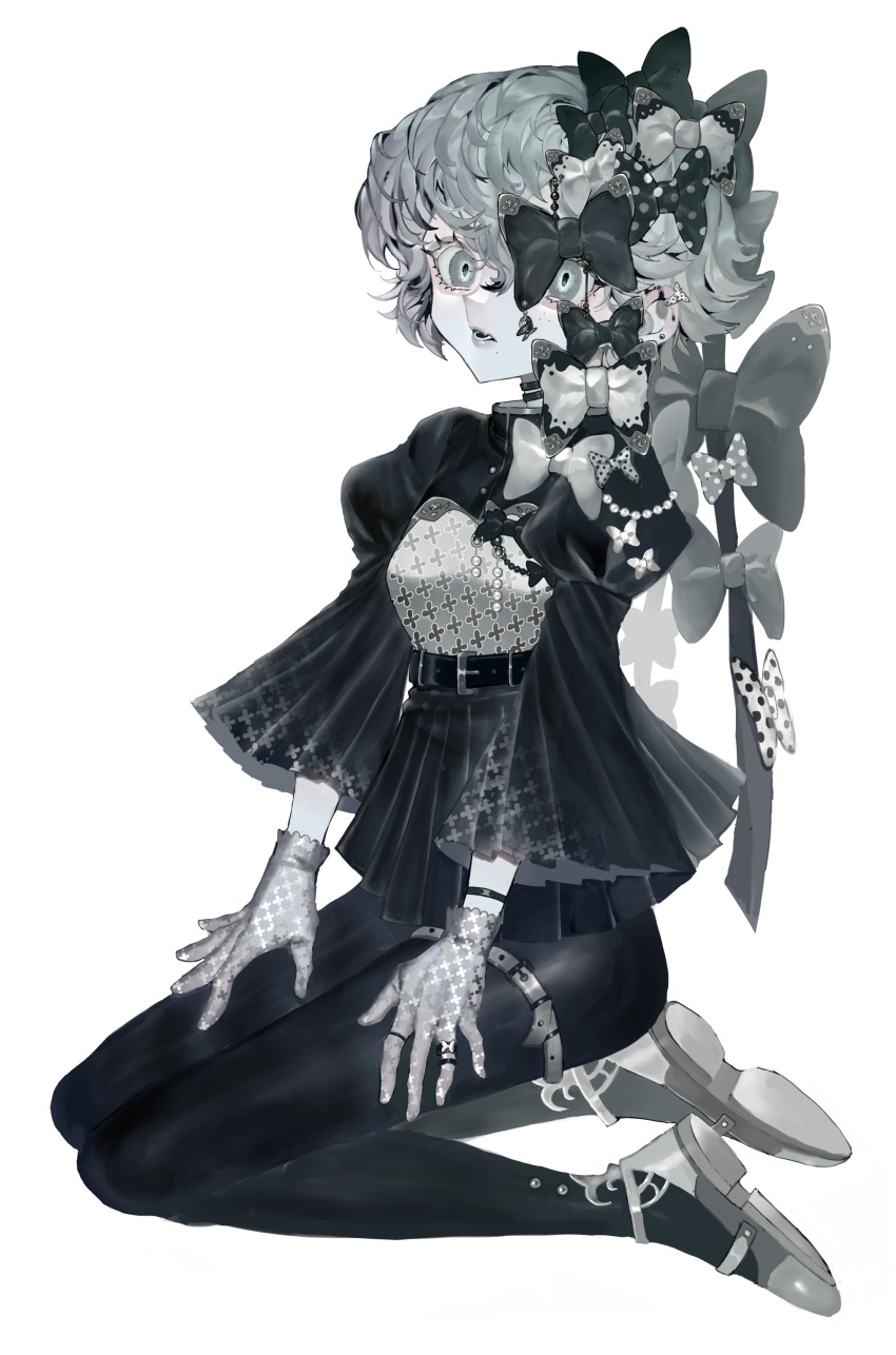 1girl, absurdres, aqua_eyes, belt, black_belt, blue_sclera, blush, bow, bracelet, choker, collared_dress, dress, ear_piercing, earrings, flipped_hair, freckles, frilled_gloves, frills, full_body, gloves, gothic_lolita, grey_belt, grey_bow, grey_choker, grey_dress, grey_gloves, grey_hair, grey_legwear, grey_neckwear, grey_shirt, grey_skin, hair_between_eyes, hair_bow, hair_ornament, hair_ribbon, hands_on_own_thighs, high-waist_skirt, high_belt, highres, jewelry, kneeling, lolita_fashion, long_sleeves, looking_at_viewer, mandarin_collar, mary_janes, mole, mole_under_mouth, mosomop, multiple_piercings, multiple_rings, one_eye_covered, original, pantyhose, piercing, pleated_skirt, pleated_sleeves, polka_dot, polka_dot_bow, print_dress, print_sleeves, puffy_long_sleeves, puffy_sleeves, ribbon, ring, see-through_sleeves, seiza, shiny, shiny_legwear, shirt, shoes, sitting, skirt, solo, stud_earrings, thigh_strap, too_many_bows, transparent_gloves, wavy_hair, white_background, white_eyelashes, wide_sleeves