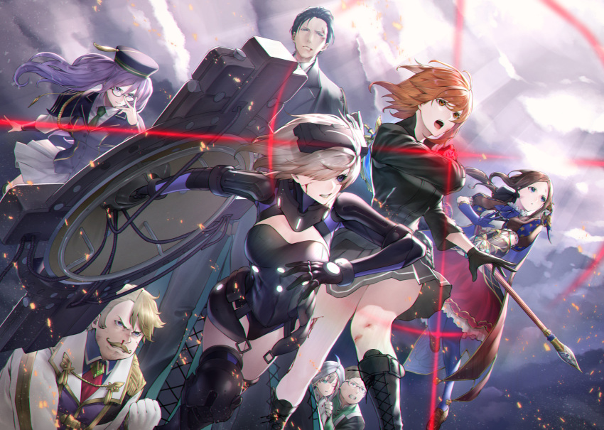 4boys, 4girls, adjusting_eyewear, black_gloves, black_hair, black_miniskirt, black_skirt, blonde_hair