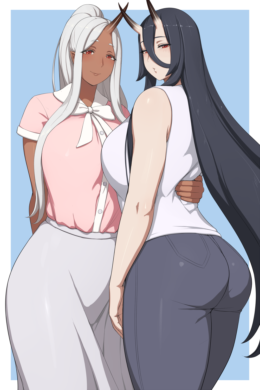 2girls, asahi_(lvl), ass, black_hair, bow, breasts, bushu_(lvl), buttons