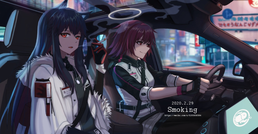 2girls, alternate_costume, animal_ears, arknights, bangs, belt, black_belt, black_gloves