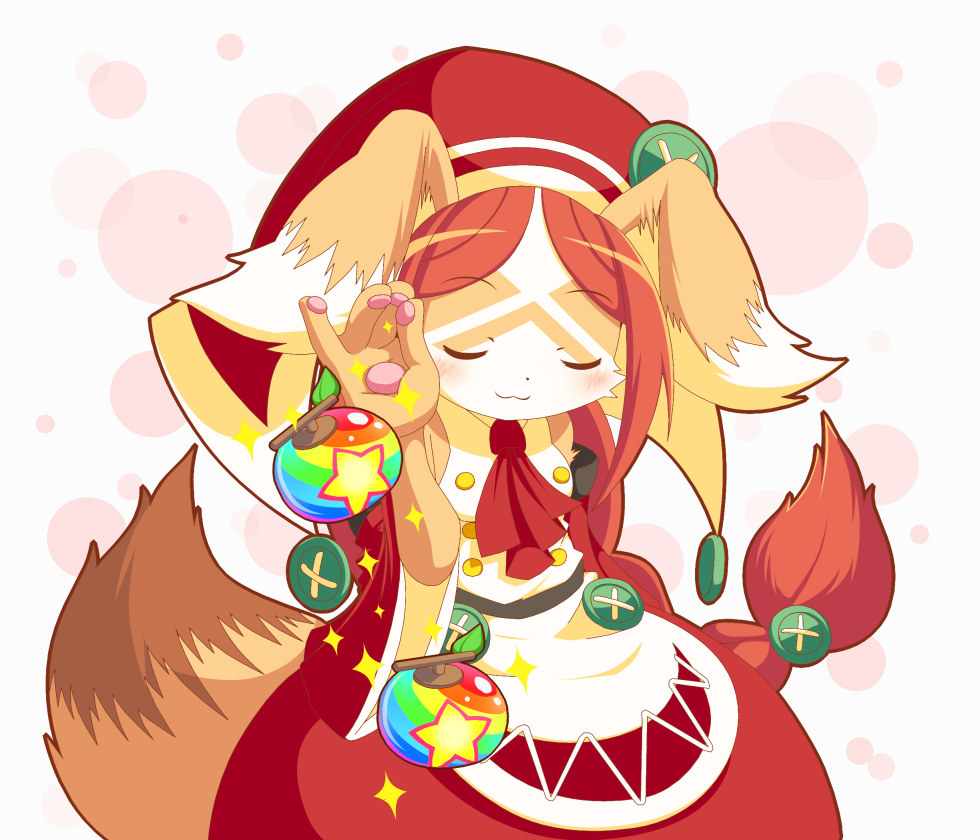 1girl, animal_ears, bare_shoulders, blush, brown_fur, brown_hair, chantico_(fullbokko_heroes), closed_eyes, commentary_request, cowboy_shot, dog, dog_ears, dog_girl, fullbokko_heroes, furry, headwear, long_hair, meme, neru_(neruneruru), pawpads, simple_background, smug, solo, two-tone_fur, white_background, white_fur