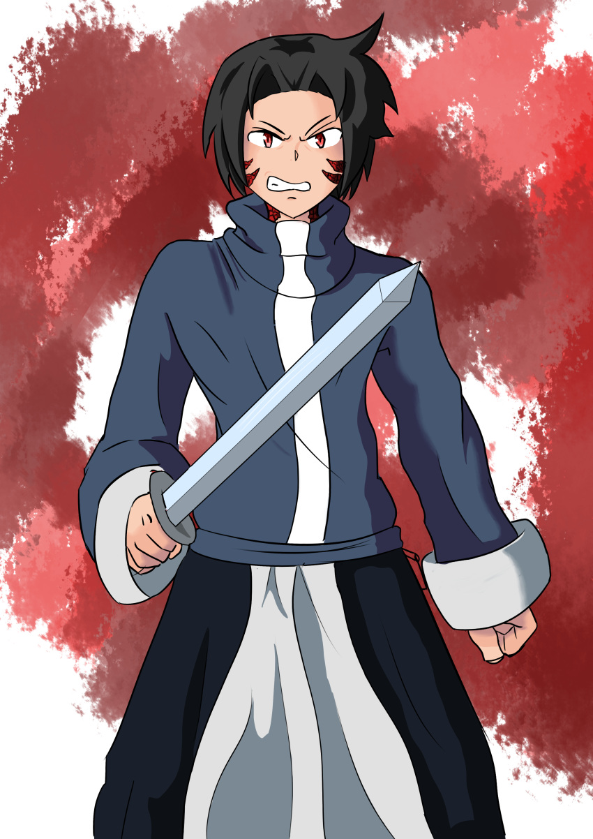 1boy, angry, baggy_clothes, baggy_pants, black_hair, blue_clothes, clenched_fist, clenched_teeth