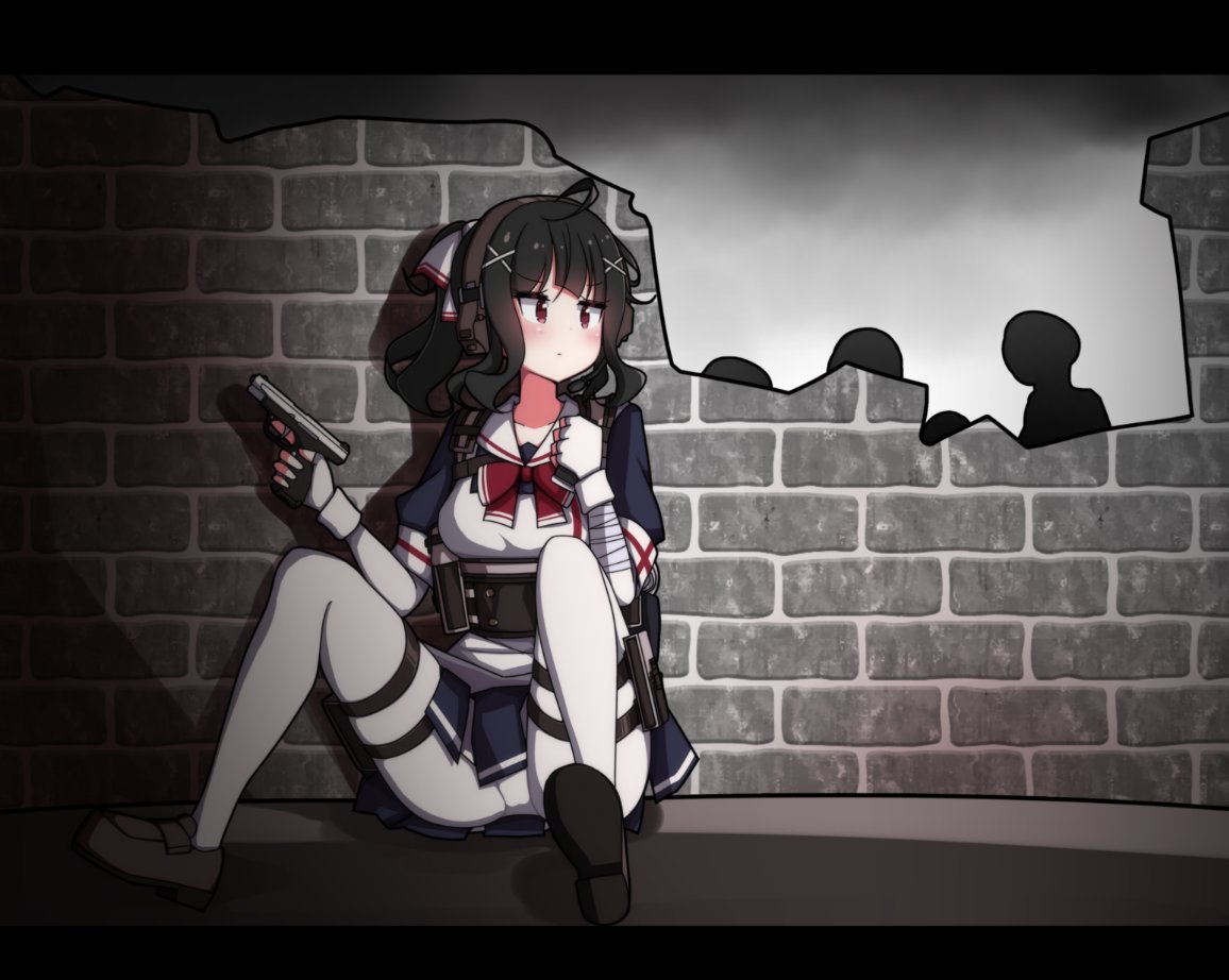 1girl, ac130, ahoge, bangs, black_hair, blush, breasts, girls_frontline