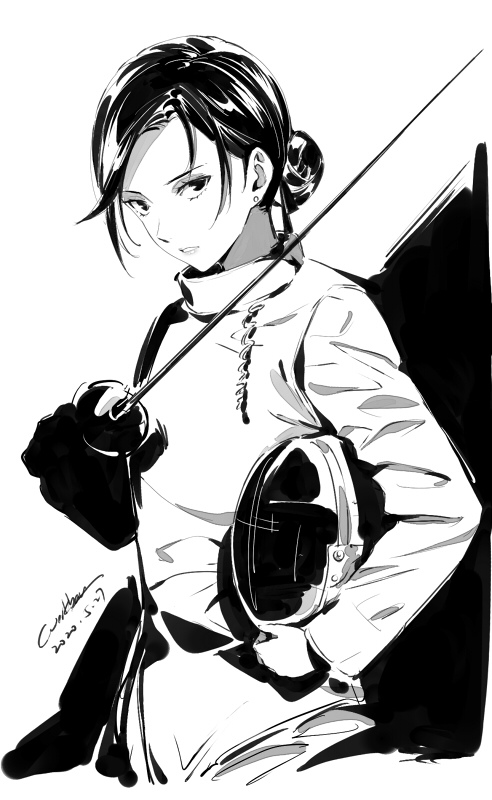 1girl, dated, epee, fencing, fencing_suit, gloves, hair_bun, helmet