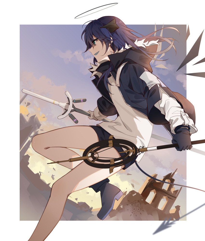 1girl, :d, absurdres, arknights, bangs, bare_legs, black_footwear, black_gloves
