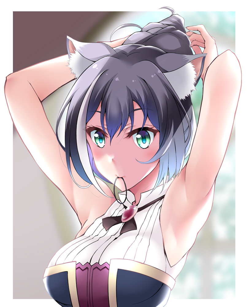 1girl, armpits, arms_up, bangs, black_hair, blue_hair, blurry, blurry_background