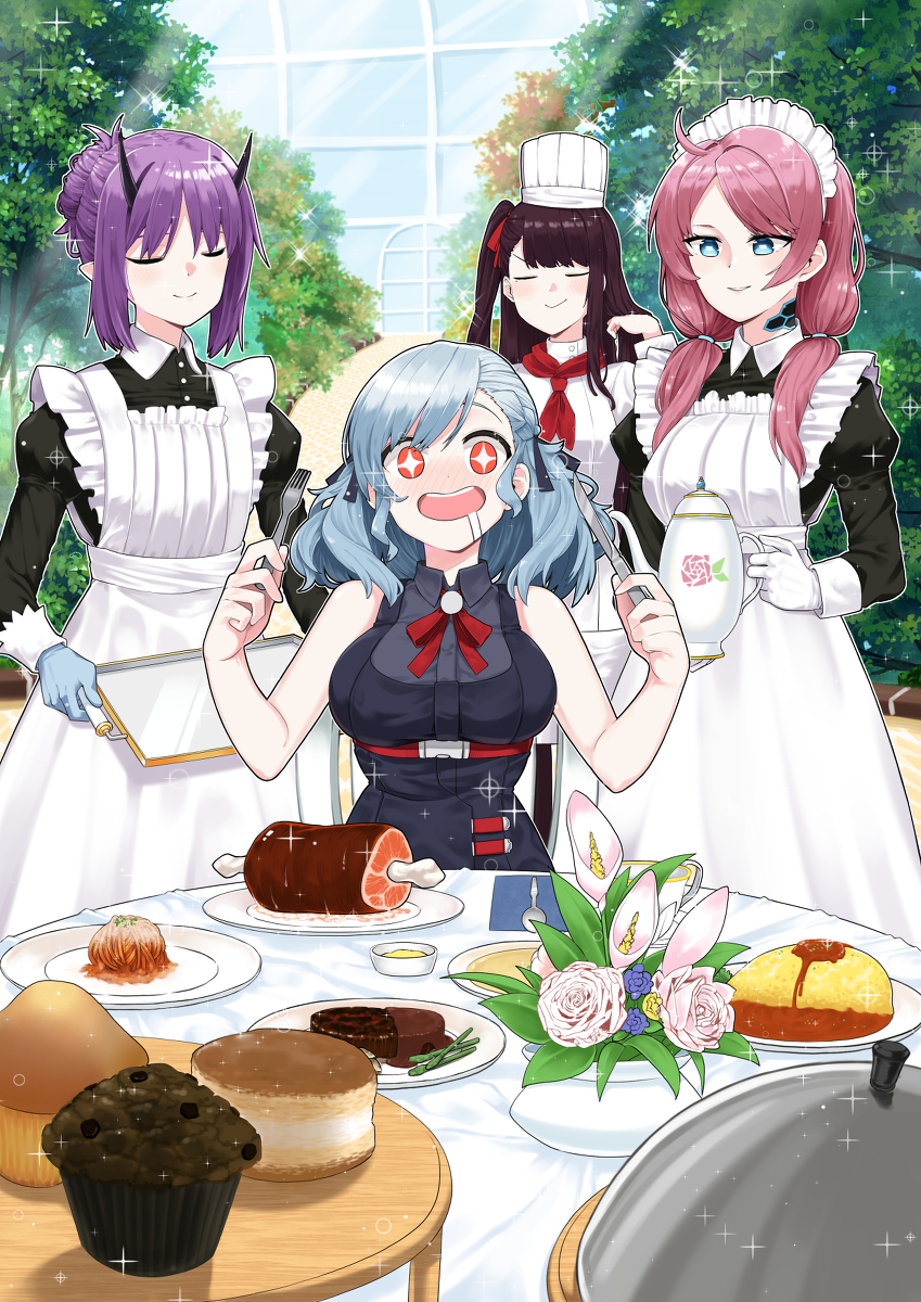 4girls, apron, arknights, asparagus, b.t._(boob_tong), blue_hair, blue_poison_(arknights), boned_meat