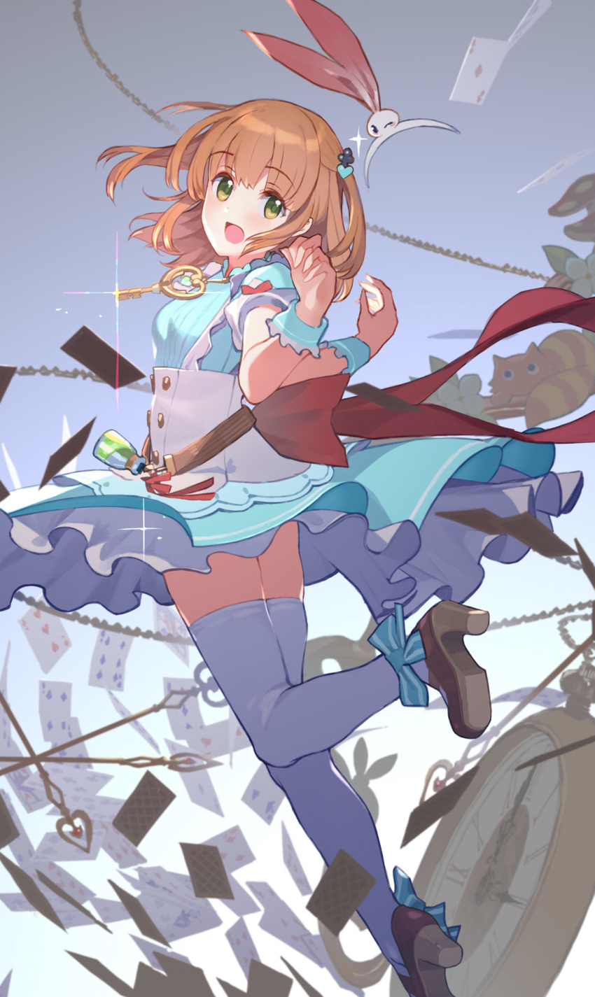 1girl, brown_hair, card, clock, club_hair_ornament, dress, frilled_dress, frills