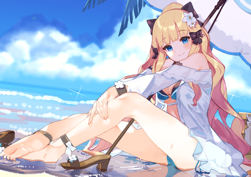 1girl, bare_shoulders, blonde_hair, blue_eyes, blue_sky, clouds, flower, hair_flower