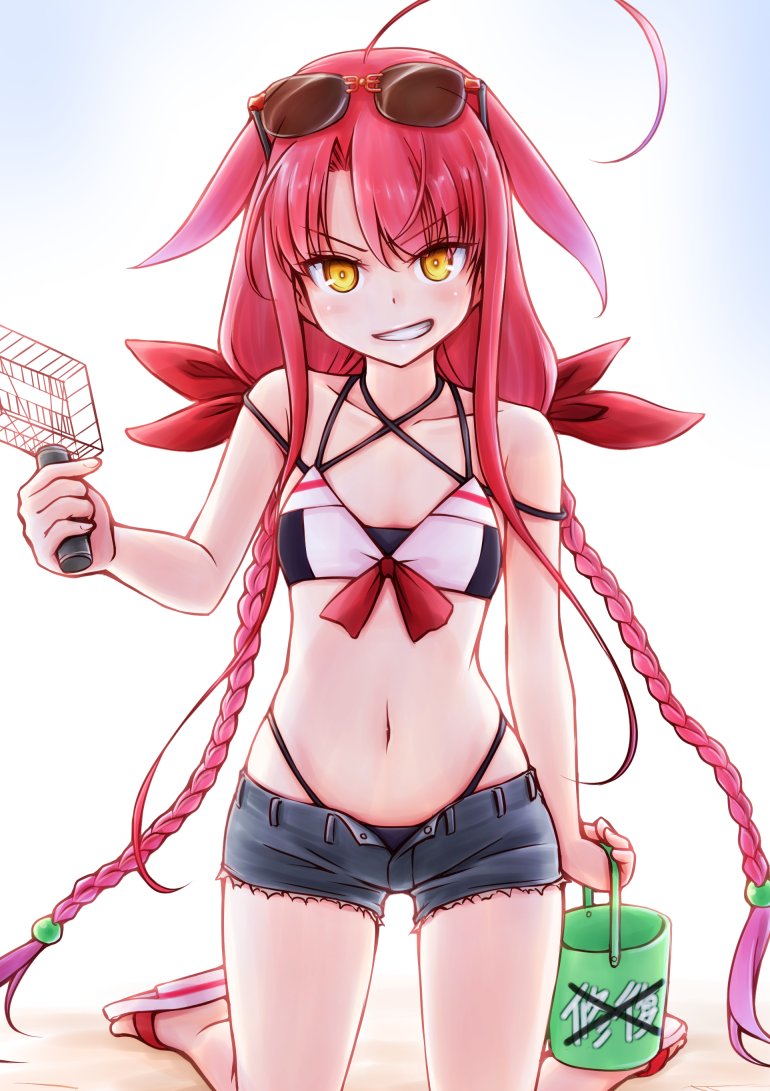 1girl, adapted_costume, ahoge, asymmetrical_bangs, bangs, bikini, black_bikini, blue_shorts