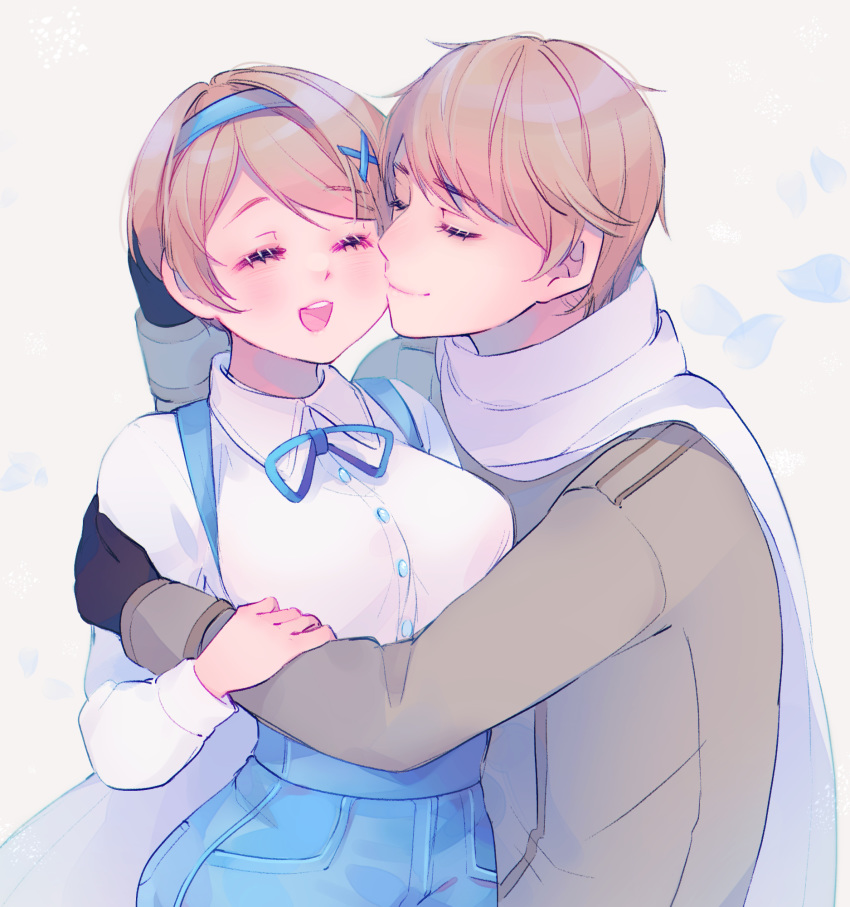 1boy, 1girl, antay6oo9, axis_powers_hetalia, blonde_hair, buttons, cheek_kiss, closed_eyes