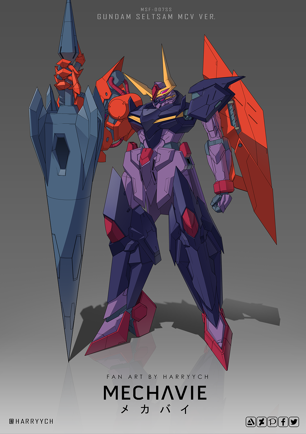artist_name, character_name, clenched_hand, english_commentary, extra_eyes, gradient, gradient_background, gundam