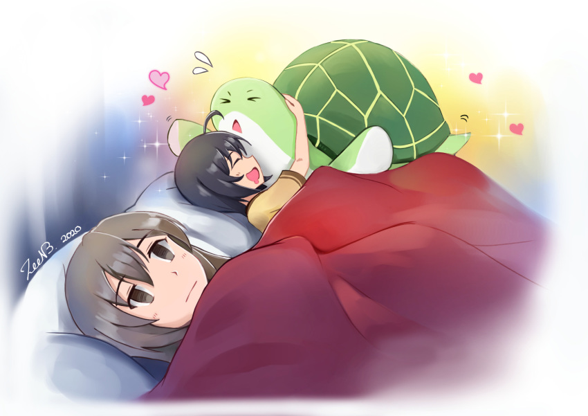 2girls, 500_dollar_four_foot_tall_mareep, ahoge, animal, artist_name, bed_sheet, black_hair, blush