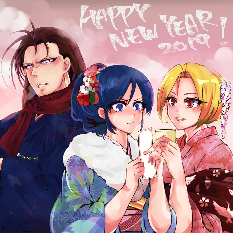 1boy, 2girls, black_hair, blonde_hair, blue_hair, flower, hair_flower, hair_ornament, hyk8686, japanese_clothes, kimono, kisaragi_eiji, long_hair, malin, multiple_girls, new_year, ryuuko_no_ken, scarf, short_hair, the_king_of_fighters, toudou_kasumi