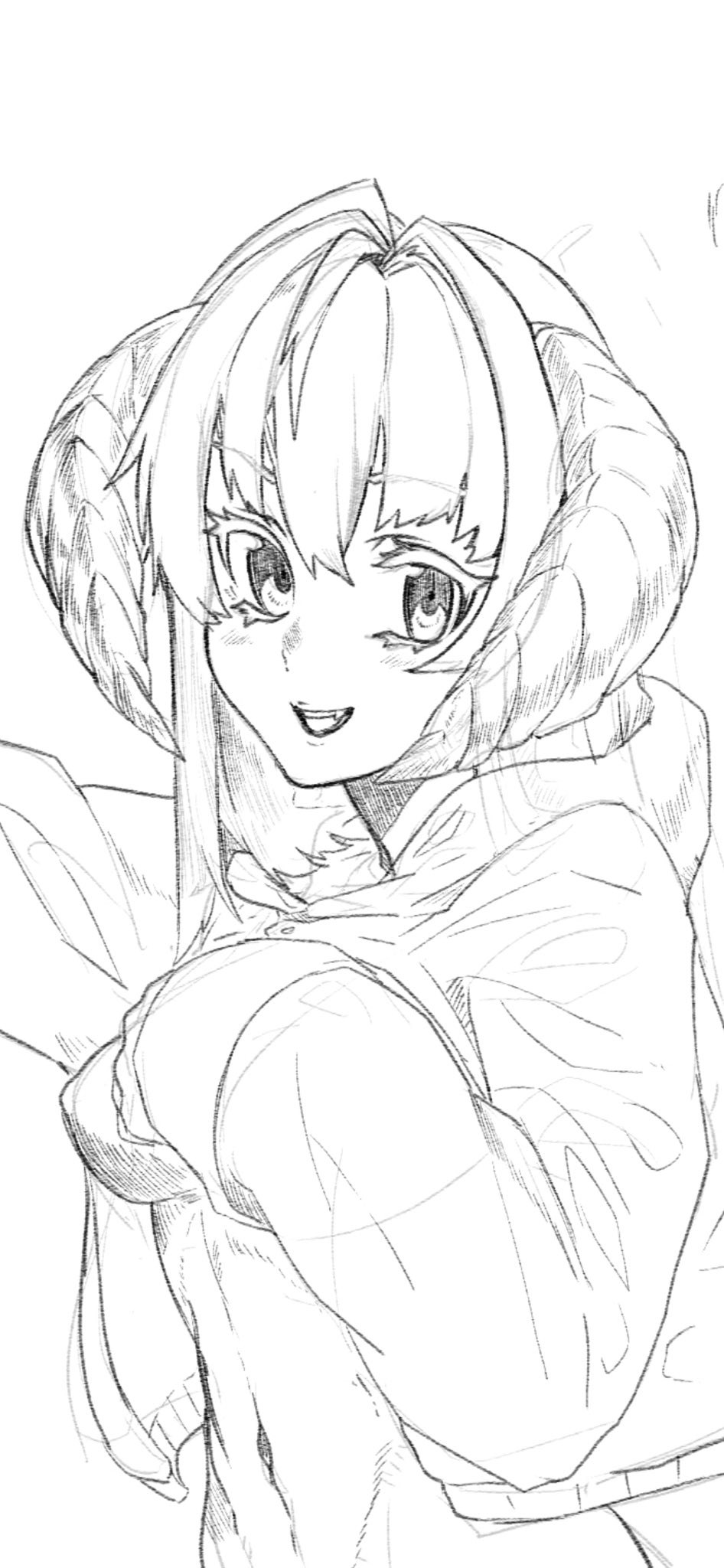 1girl, blush, cross_goli, eyebrows_visible_through_hair, fang, greyscale, hatching_(texture), highres, hood, hood_down, hoodie, horns, long_hair, monochrome, navel, open_mouth, original, simple_background, sketch, sleeves_past_wrists, smile, solo, teeth, traditional_media, upper_body, white_background