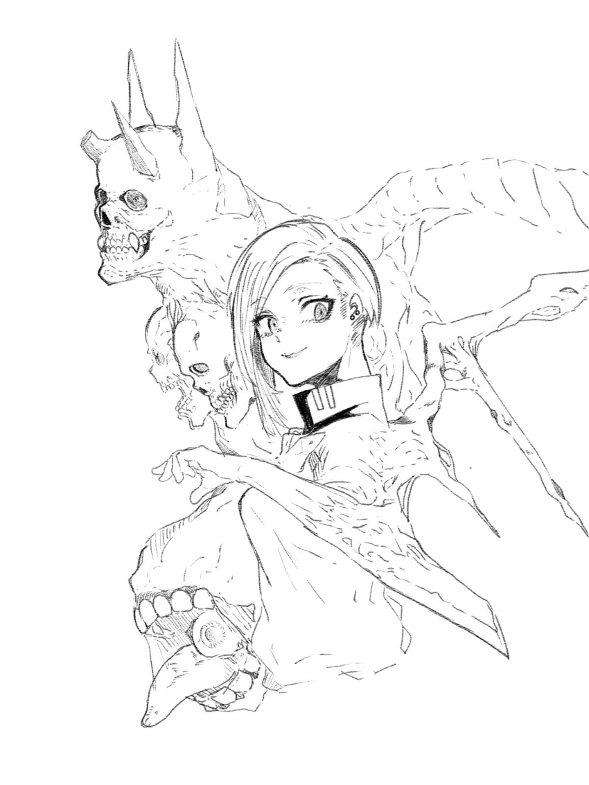 1girl, broken_horn, closed_mouth, cross_goli, demon, demon_girl, earrings, eyeball