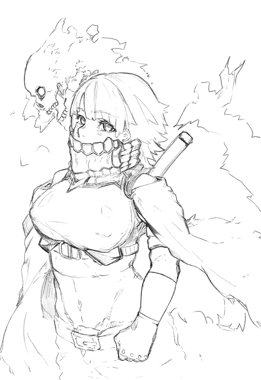 1girl, belt, cape, covered_mouth, covered_nipples, cross_goli, eyebrows_visible_through_hair, gloves