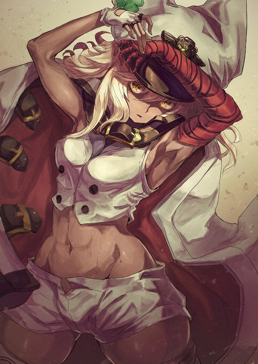 1girl, armpits, arms_up, bandaged_arm, bandages, bangs, belt, breasts