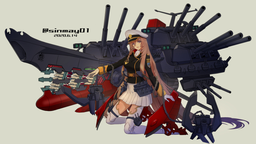 1girl, absurdly_long_hair, anchor, black_jacket, boots, brown_eyes, brown_hair, chain