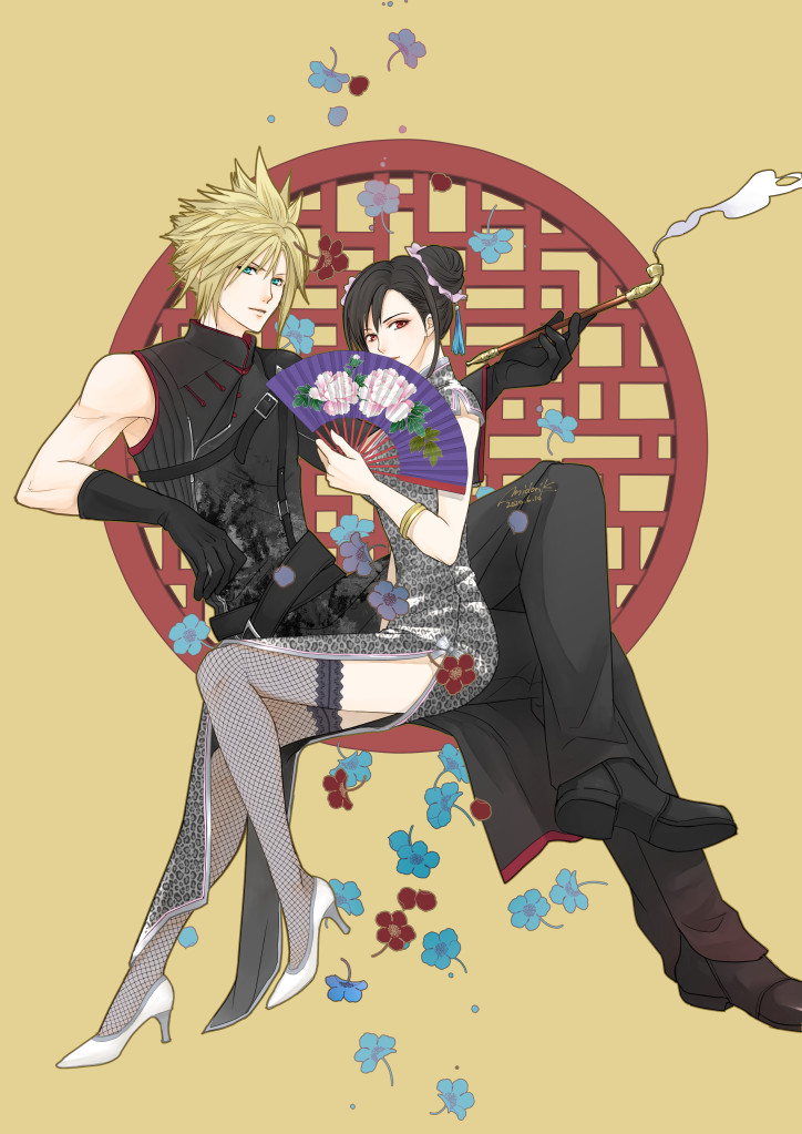 1boy, 1girl, adapted_costume, alternate_costume, alternate_hairstyle, black_gloves, blonde_hair, china_dress