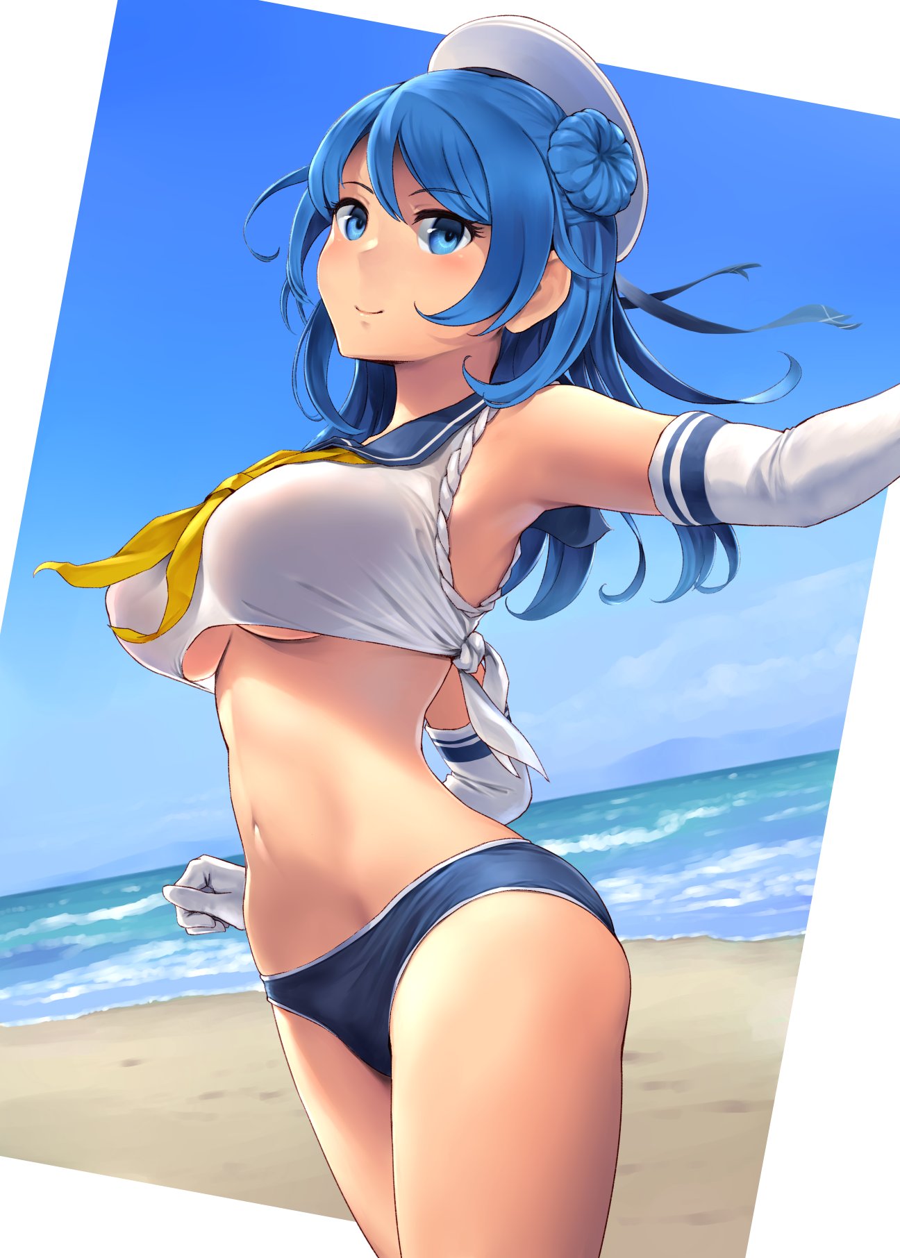 1girl, adapted_costume, beach, blue_eyes, blue_hair, blue_sailor_collar, blue_sky, blush