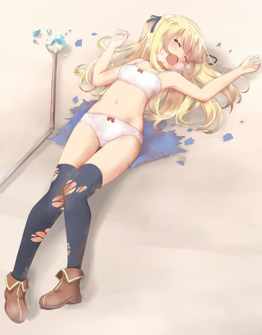 1girl, absurdres, arms_up, bare_arms, bare_shoulders, black_legwear, black_ribbon, blonde_hair