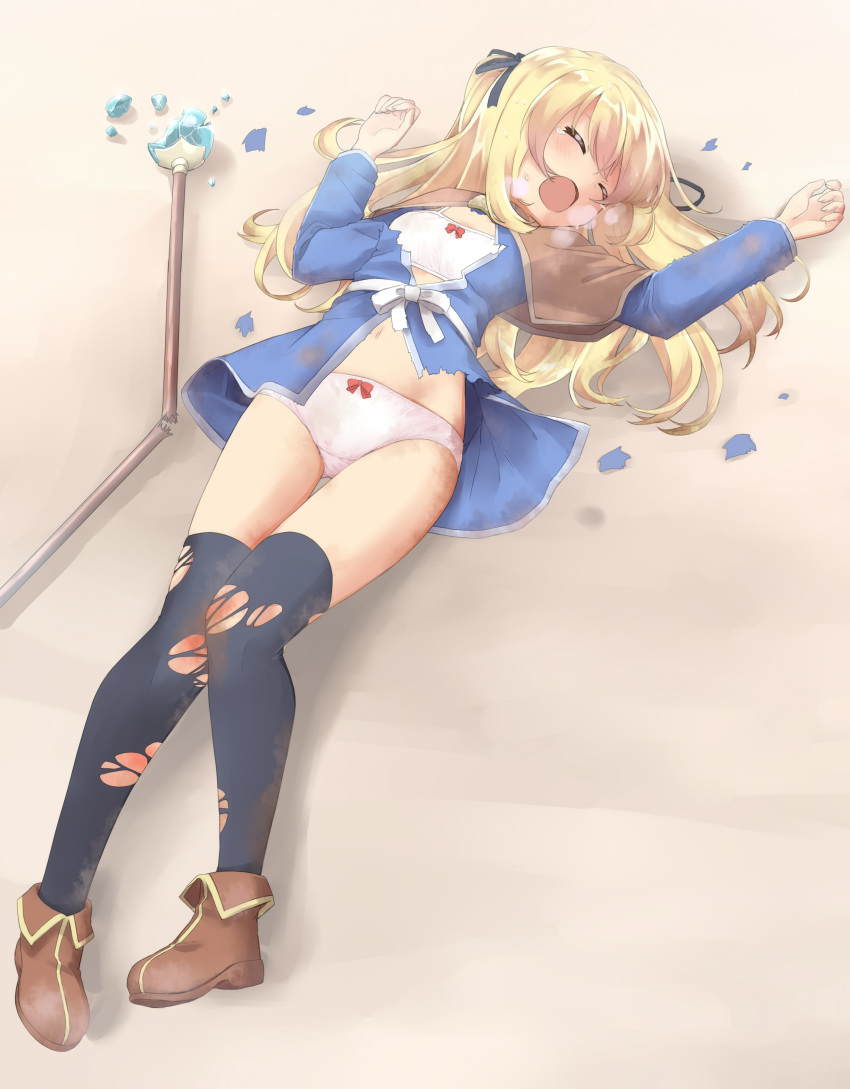 1girl, absurdres, arms_up, black_legwear, black_ribbon, blonde_hair, blue_dress, boots