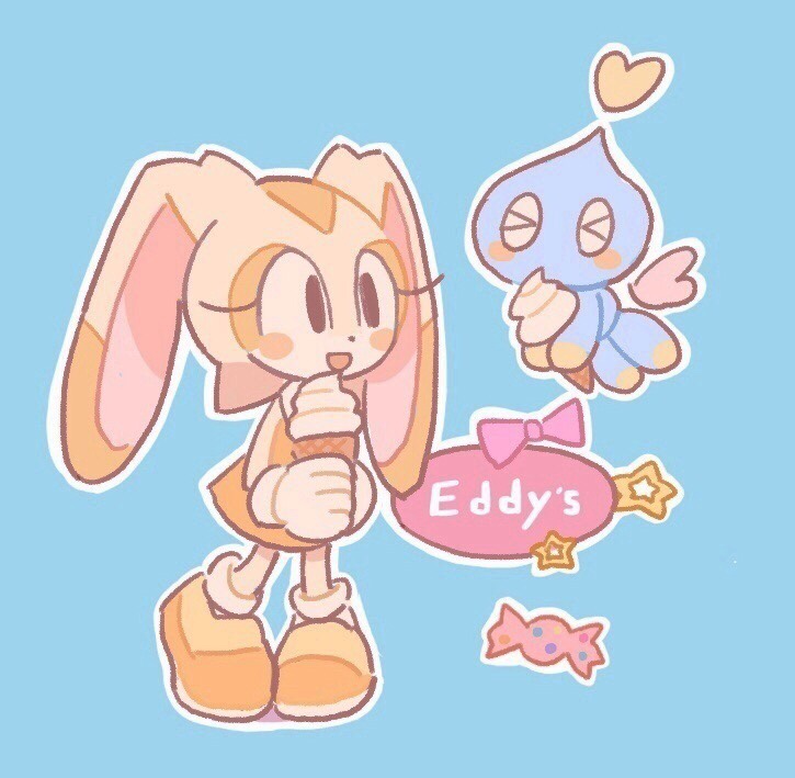>_<, 1girl, 1other, :d, animal_ears, black_eyes, blue_background, blush_stickers, buke-baisen, bunny_girl, chao_(sonic), cheese_(sonic), commentary_request, cream_the_rabbit, eddy's_ice_cream, food, gloves, ice_cream, ice_cream_cone, looking_at_another, open_mouth, rabbit, rabbit_ears, simple_background, smile, soft_serve, sonic_(series), standing, white_gloves, wings, yellow_fur