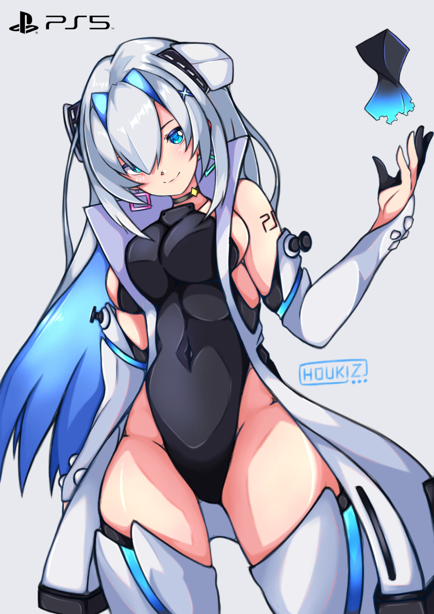 1girl, absurdres, bangs, blue_eyes, blush, breasts, closed_mouth, covered_navel, dualsense, eyebrows_visible_through_hair, game_console, gloves, grey_background, highres, houkiz, large_breasts, leotard, long_hair, looking_at_viewer, multicolored_hair, personification, playstation, playstation_5, short_hair, simple_background, smile, solo, sony, tattoo, thigh-highs, white_hair