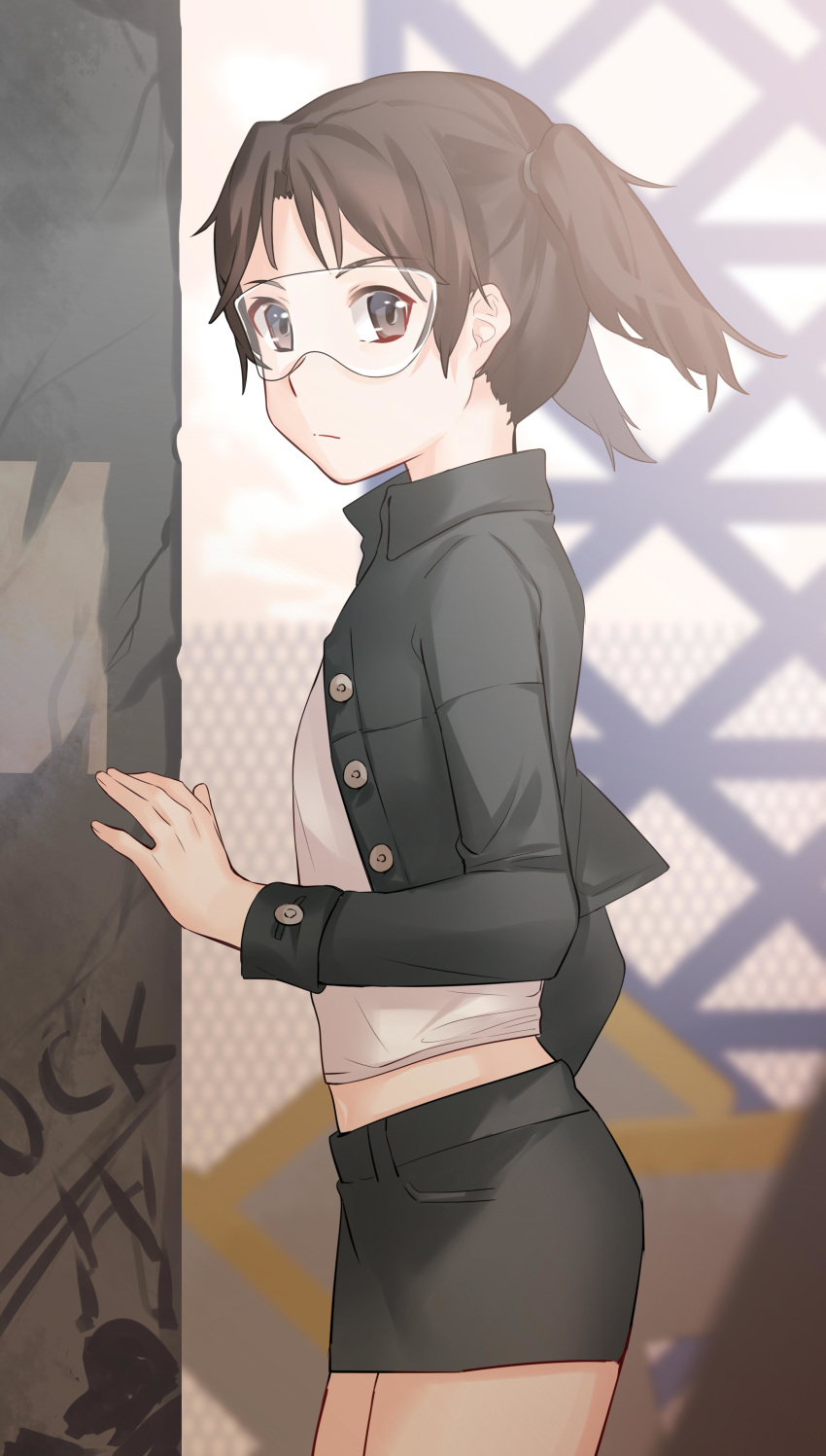 1girl, absurdres, amasawa_yuuko, arugc, black_jacket, black_shorts, brown_eyes, brown_hair, dennou_coil, fence, goggles, graffiti, highres, jacket, looking_at_viewer, outdoors, shirt, short_hair, short_twintails, shorts, standing, twintails, white_shirt