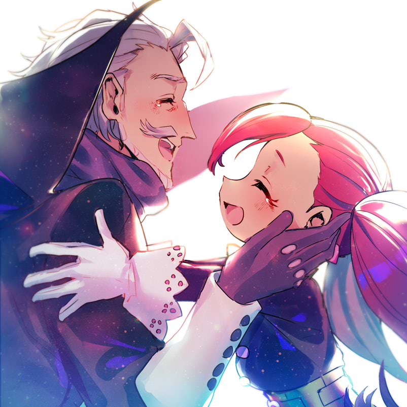 1boy, 1girl, aiba_manami, boku_no_hero_academia, breasts, buttons, cape, closed_eyes, couple, earrings, facial_hair, from_side, gloves, happy, height_difference, imminent_hug, jewelry, long_hair, mebaru, medium_breasts, mustache, open_mouth, redhead, short_hair, tears, tobita_danjuro, twintails, upper_body, white_hair