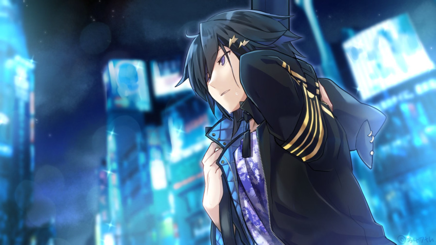 1boy, 347th, animal_hood, black_hair, black_hoodie, blurry, blurry_background, city
