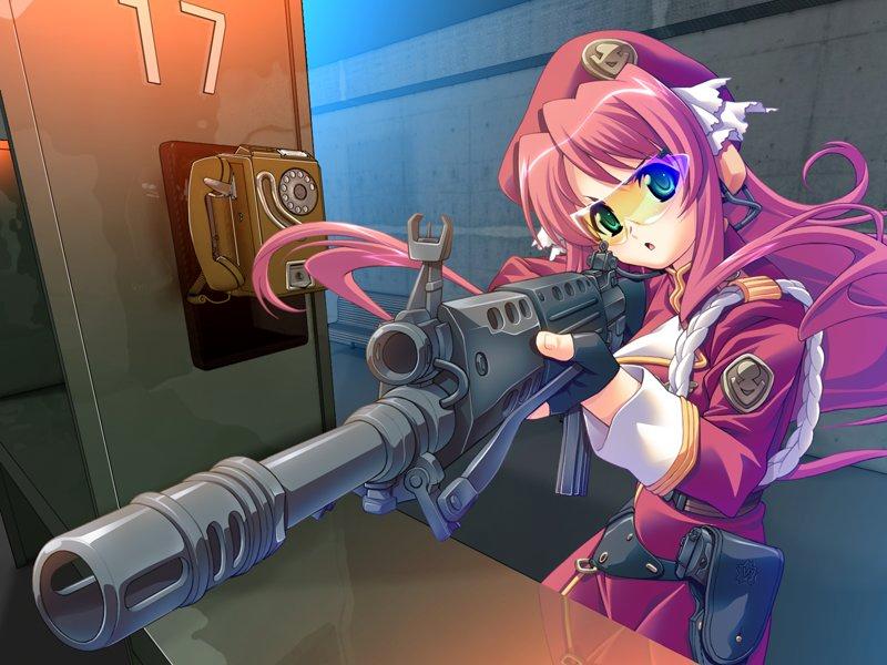 :o, corded_phone, crossdraw_holster, ear_protection, fingerless_gloves, foreshortening, gloves, goggles, google, gun, hat, holster, jpeg_artifacts, long_hair, phone, pistol, purple_hair, rifle, shooting_glasses, weapon, zwei_worter