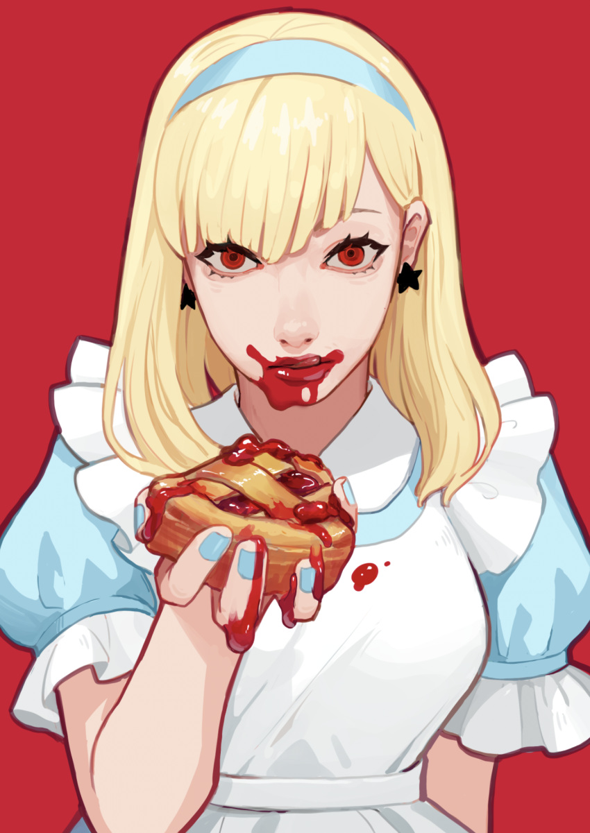 1girl, 2019, alice_(wonderland), alice_in_wonderland, ambiguous_red_liquid, arm_at_side, bags_under_eyes, bangs