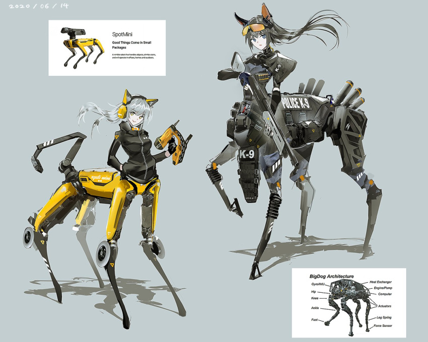 2girls, animal_ear_fluff, animal_ears, armor, bigdog, black_gloves, black_hair, black_jacket