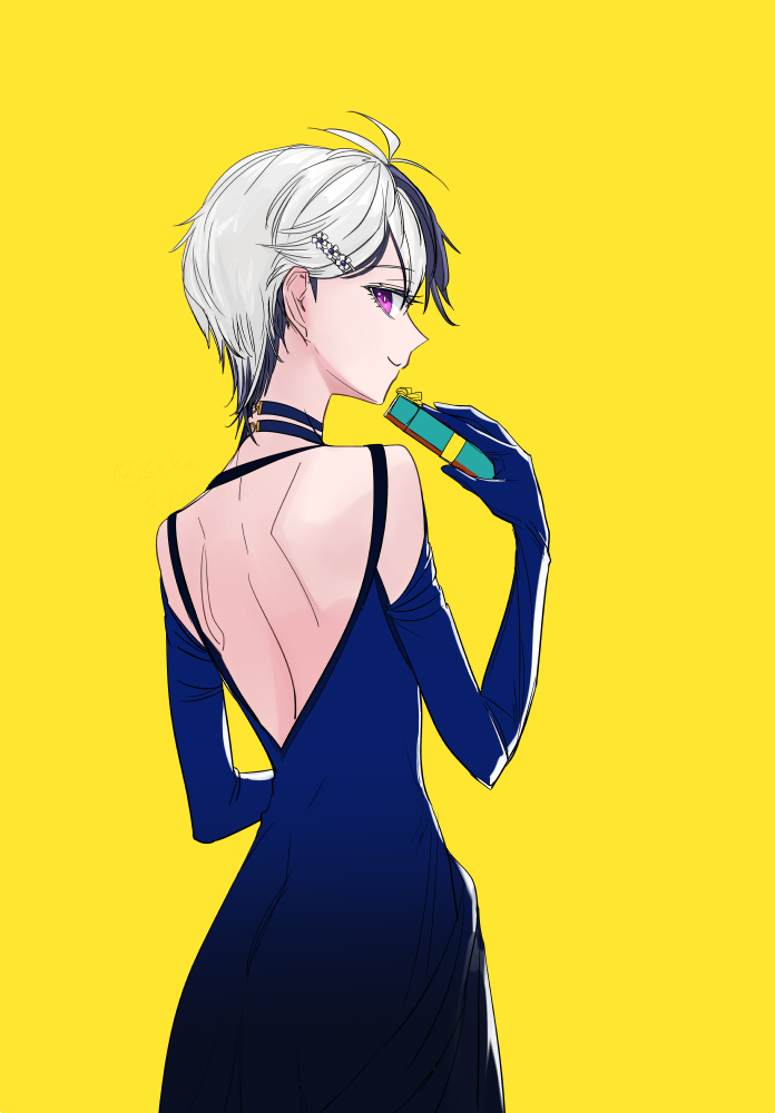 1girl, backless_dress, backless_outfit, blue_dress, collar, commentary_request, danaka, dress